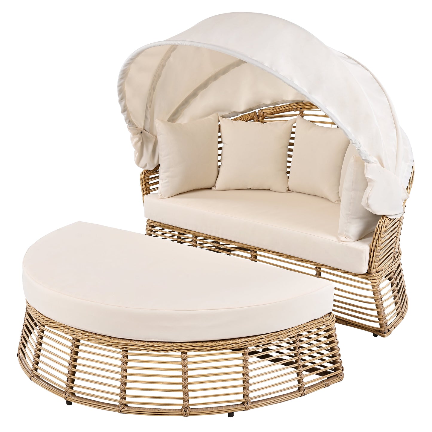 Outdoor Patio Rattan Round Daybed with Retractable Canopy