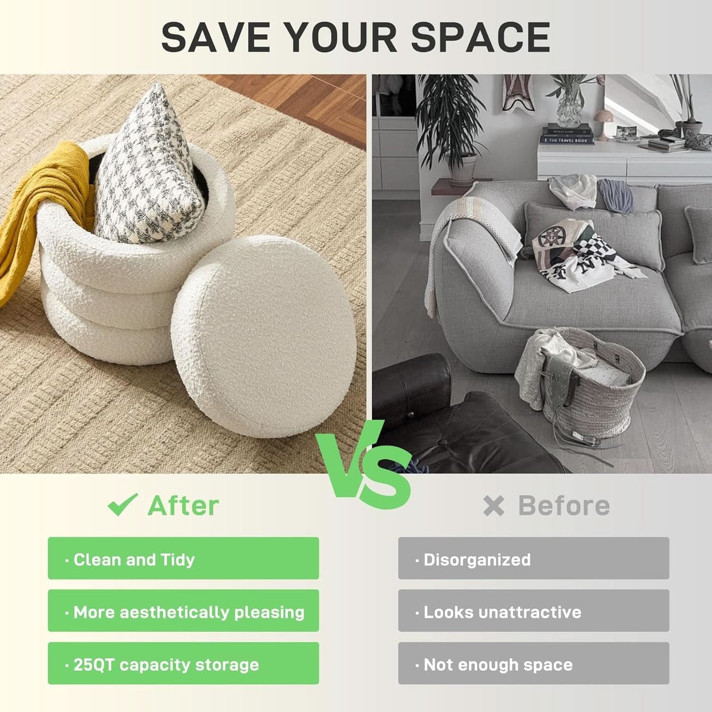 Round Storage Ottoman Featuring Removable Lid
