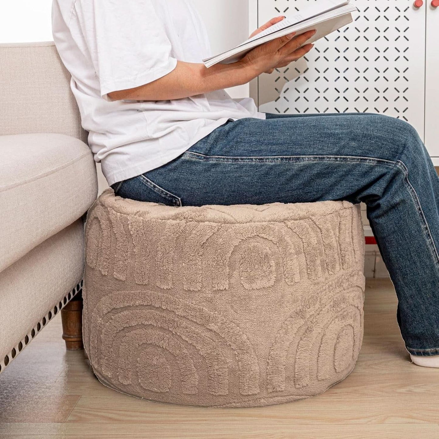 Khaki Round Ottoman Pouf 20x20x14 Inches Luxurious