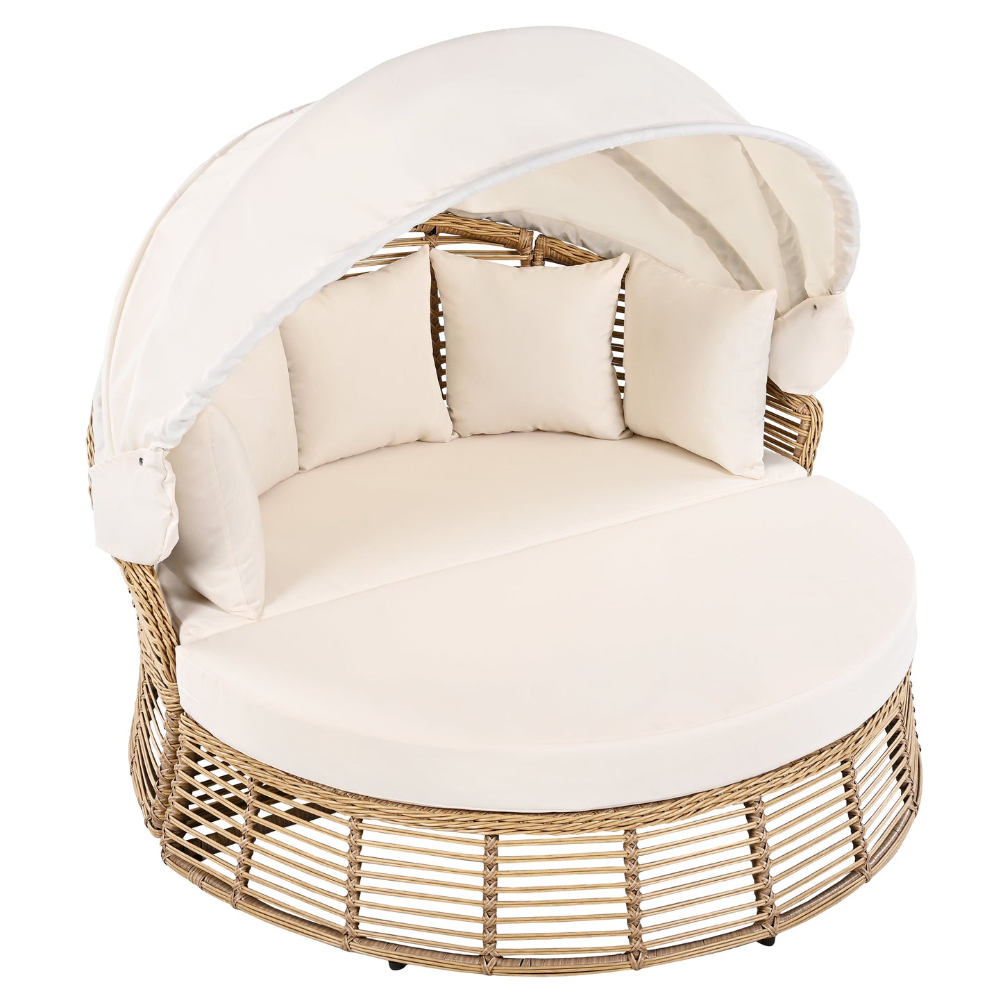 Outdoor Patio Rattan Round Daybed with Retractable Canopy